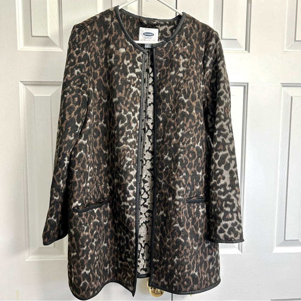 Old Navy Leopard Animal Print Open Front Wool Blend w/ Pockets Long Line Coat M